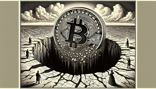 Victorian engraving illustration of a fractured bitcoin coin suspended over an abyss