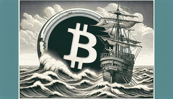 Victorian engraving of a bitcoin ship sailing through stormy seas with its hull cracking