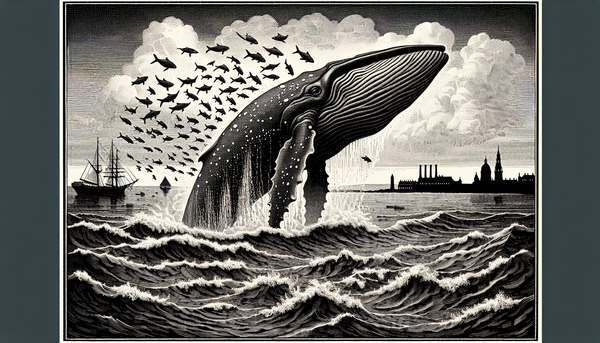 Victorian engraving of a massive whale breaching the ocean while smaller fish scatter below