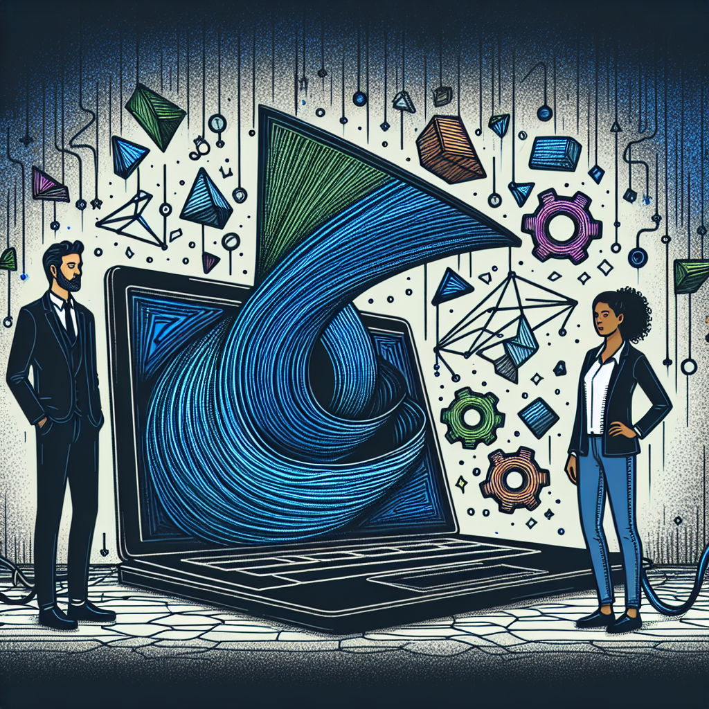 Two professionals facing a laptop with swirling data and geometric shapes emerging