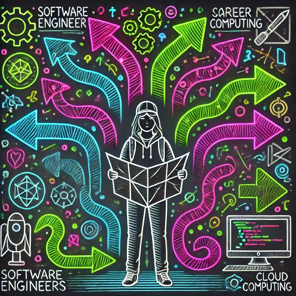 a software engineer at a colorful crossroads with multiple career paths