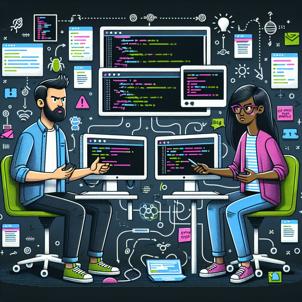 Two software developers surrounded by code and digital elements, discussing project details.