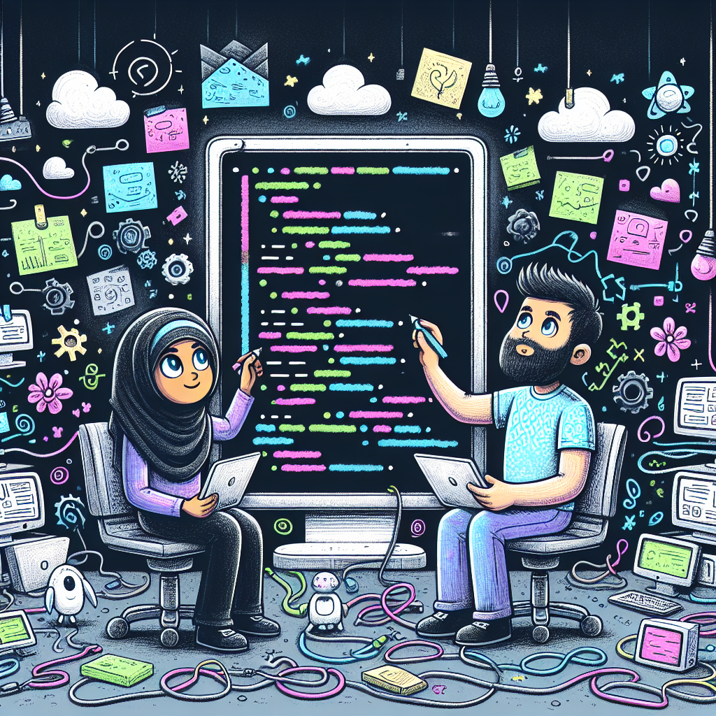Two developers collaborating on code amidst a colorful, tech-themed background.