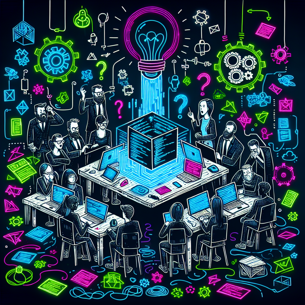 Team brainstorming around a table with tech symbols and a giant lightbulb overhead.