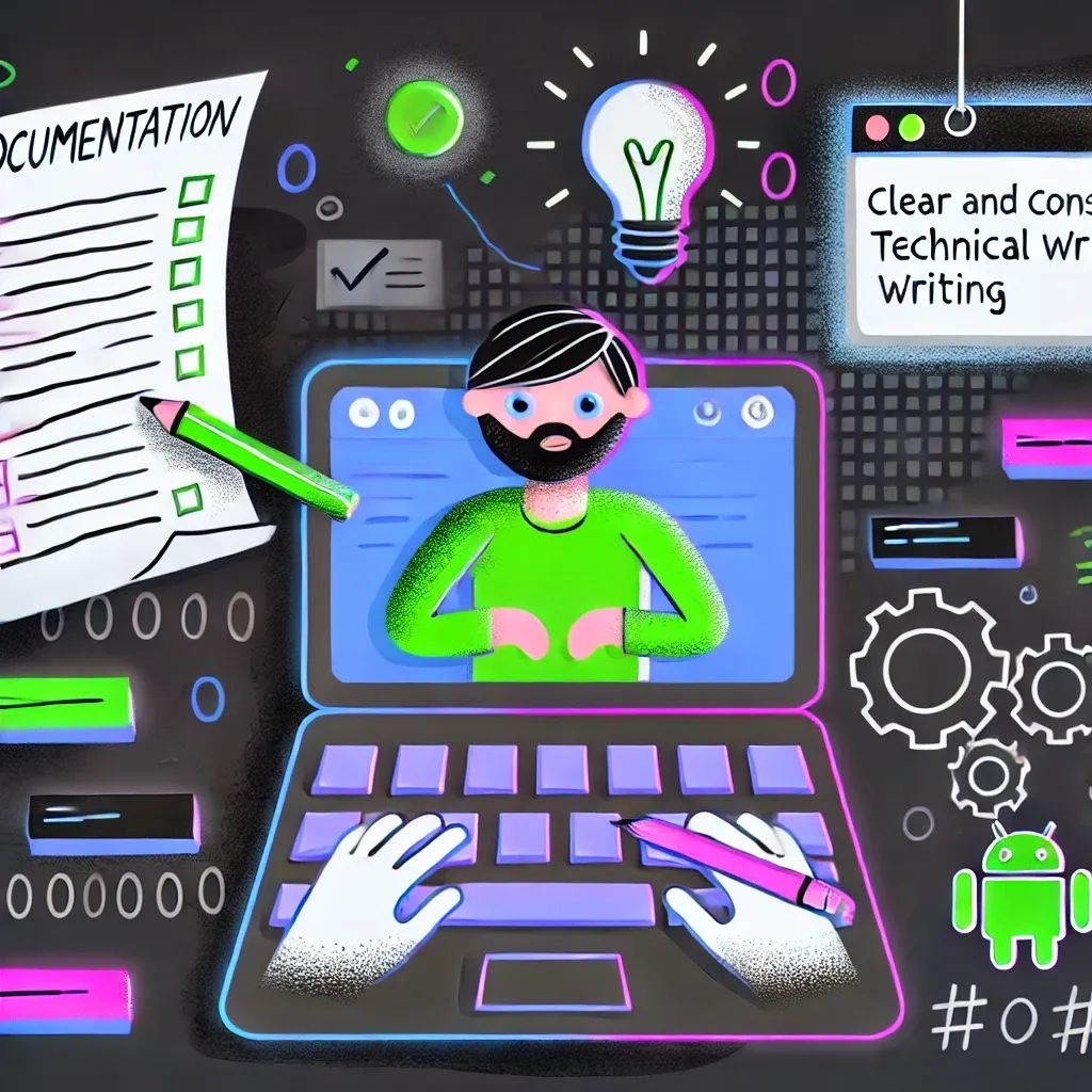 Developer typing on a laptop with documents, diagrams, and icons symbolizing clear technical writing