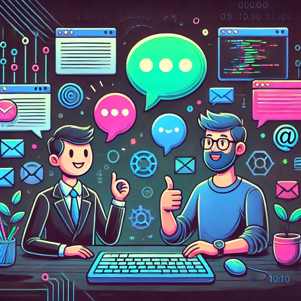 Two cartoon developers communicating: one speaks with a glowing speech bubble, the other gives a thumbs up.