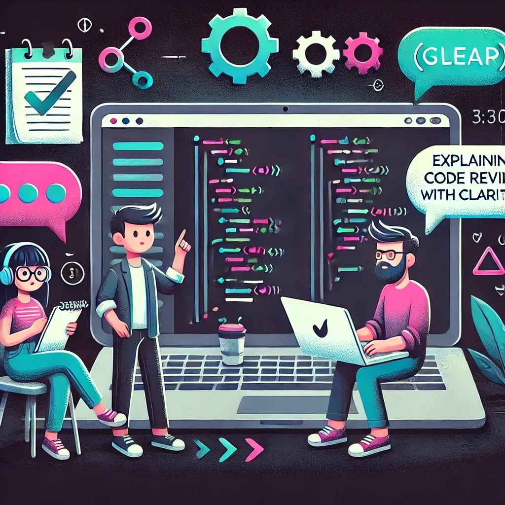 Developers collaborating on a code review, with feedback notes, speech bubbles, and checkmarks