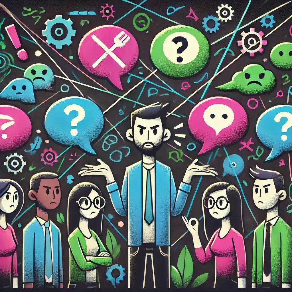 Cartoon dev team with crossed speech bubbles, exclamation marks, and gears, symbolizing miscommunication