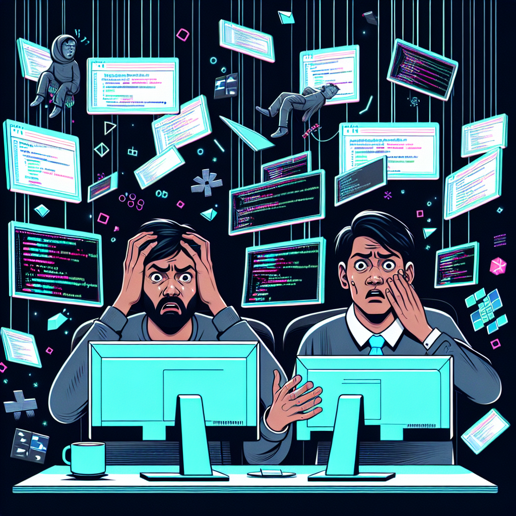 Two programmers overwhelmed by a chaotic stream of code and tasks on floating screens