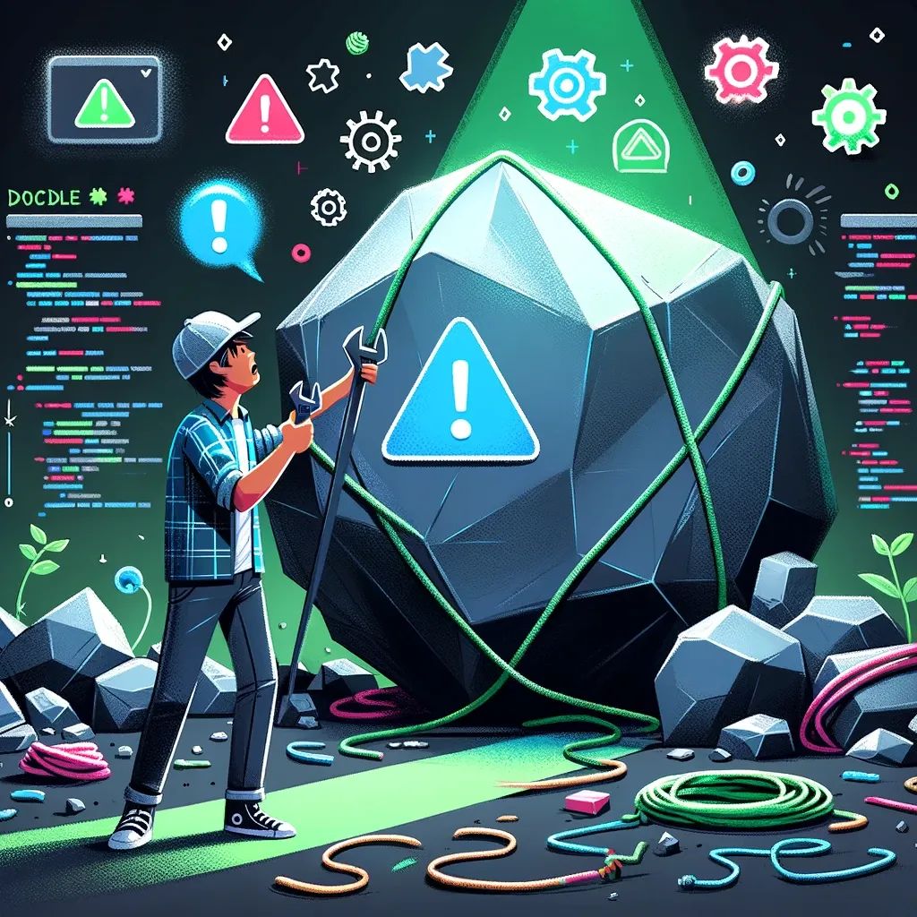 a developer facing a neon-colored boulder symbolizing an unexpected challenge