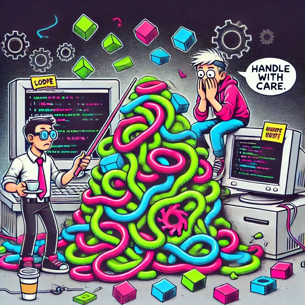 Two developers face chaotic legacy code mess, one pokes it with a stick while holding coffee, the other looking unsure.