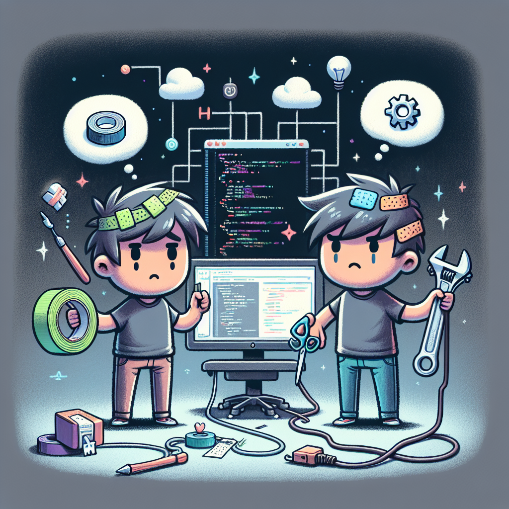 Cartoon developers fixing code with tools, tape, and bandages in a whimsical tech setting