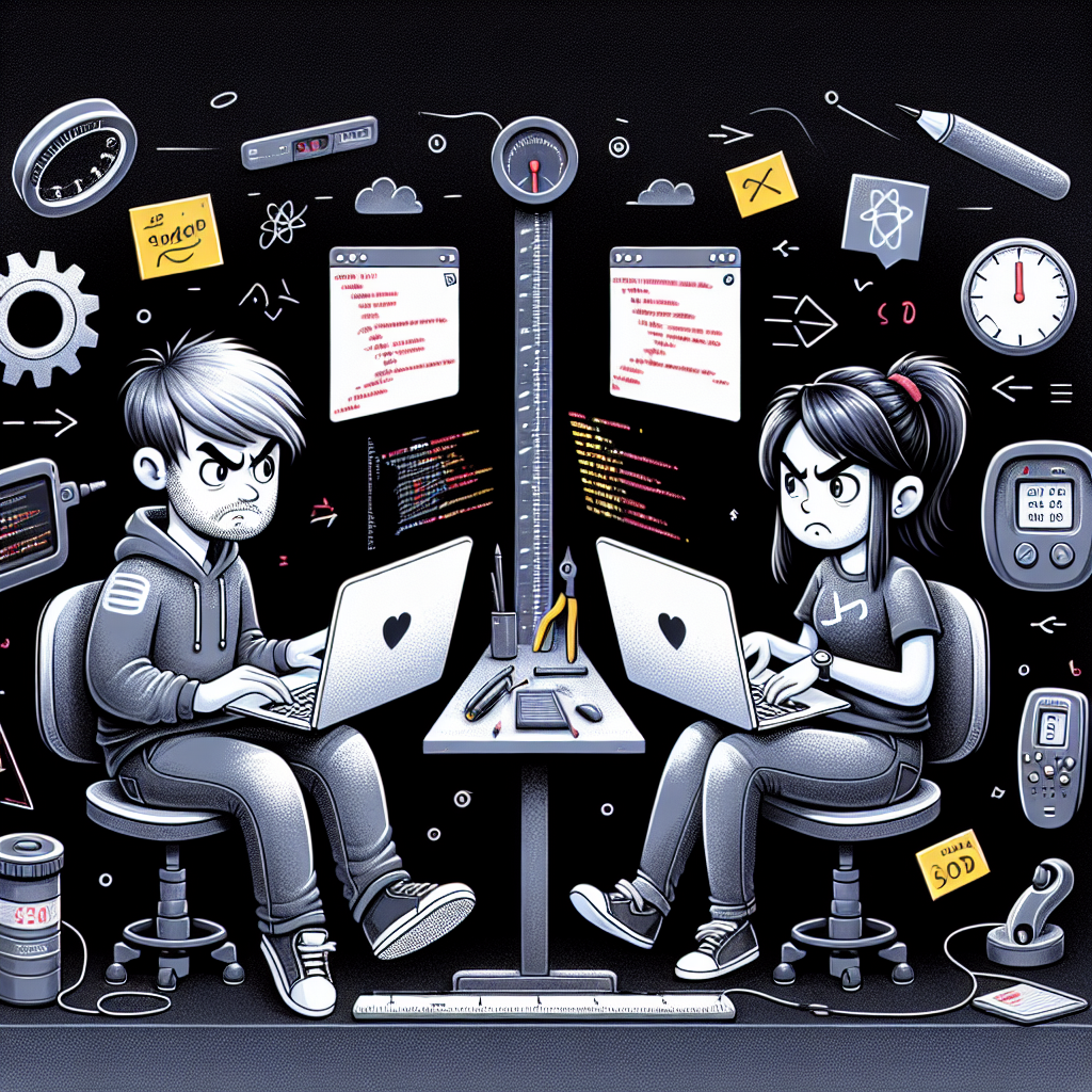 Two intense developers coding at laptops with digital chaos around them.