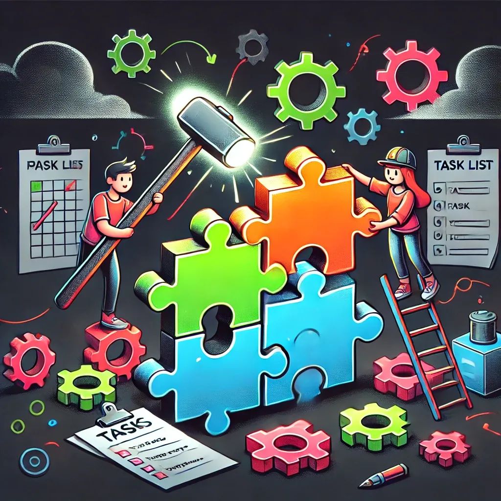 Two developers break a complex puzzle into smaller tasks, one uses a hammer, the other organizes pieces