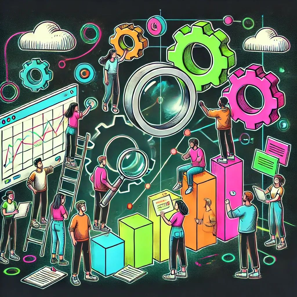 Developers analyze collaboration metrics with graphs, tools, connected via neon lines symbolizing teamwork