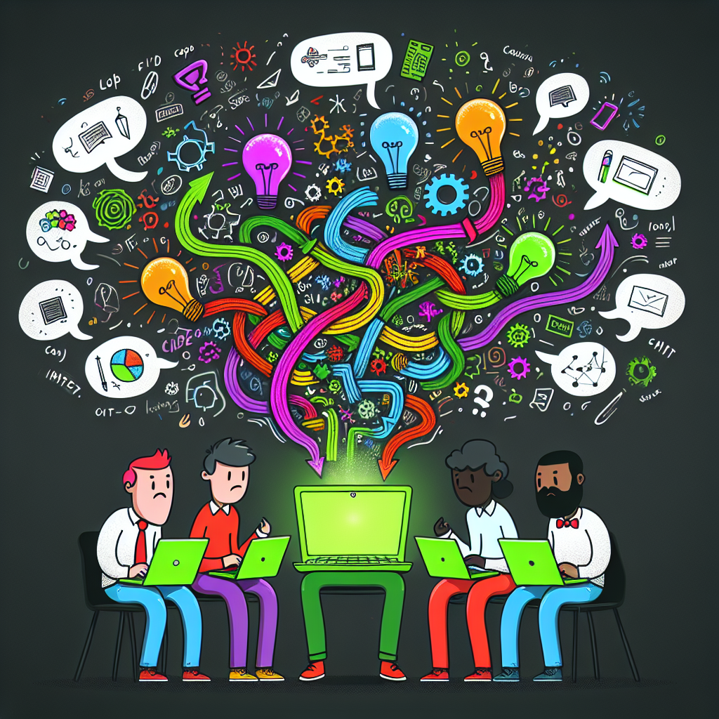 Software engineers brainstorming with colorful ideas and innovation around a central laptop.