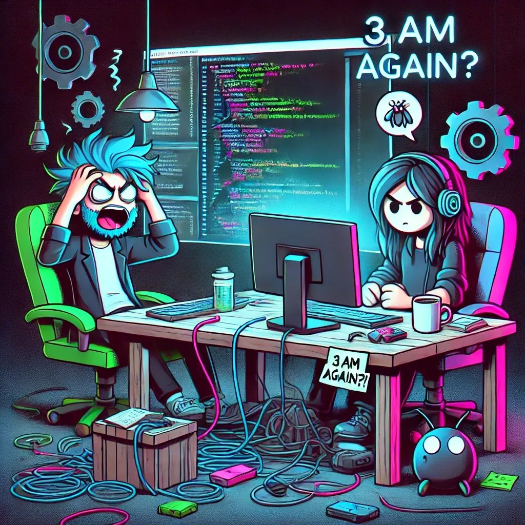 Two developers at desks: one frustrated with messy code, the other tired, sipping coffee at 3 AM.