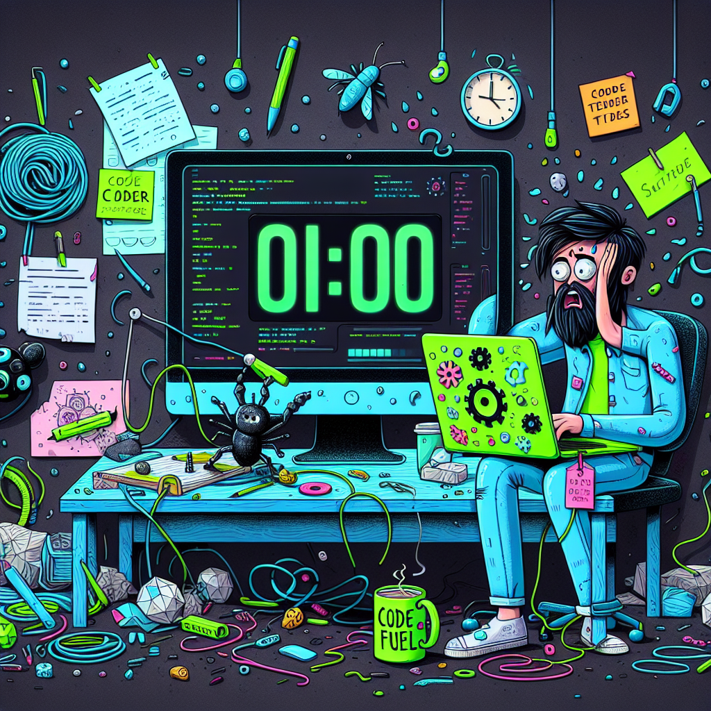 Stressed programmer with extra arms in chaotic workspace with tangled wires and digital countdown timer.