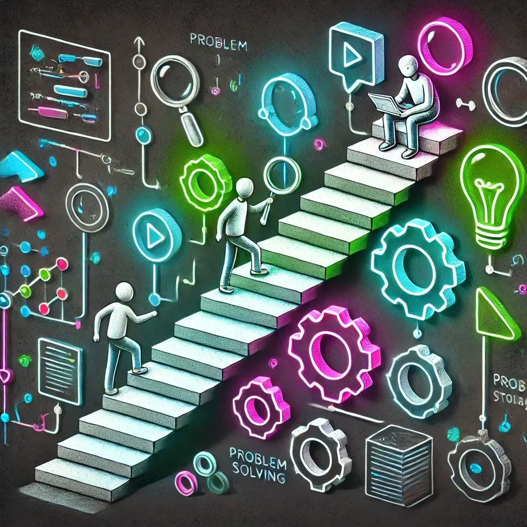 Two developers climb steps of problem-solving icons, one analyzes a problem, the other ascends