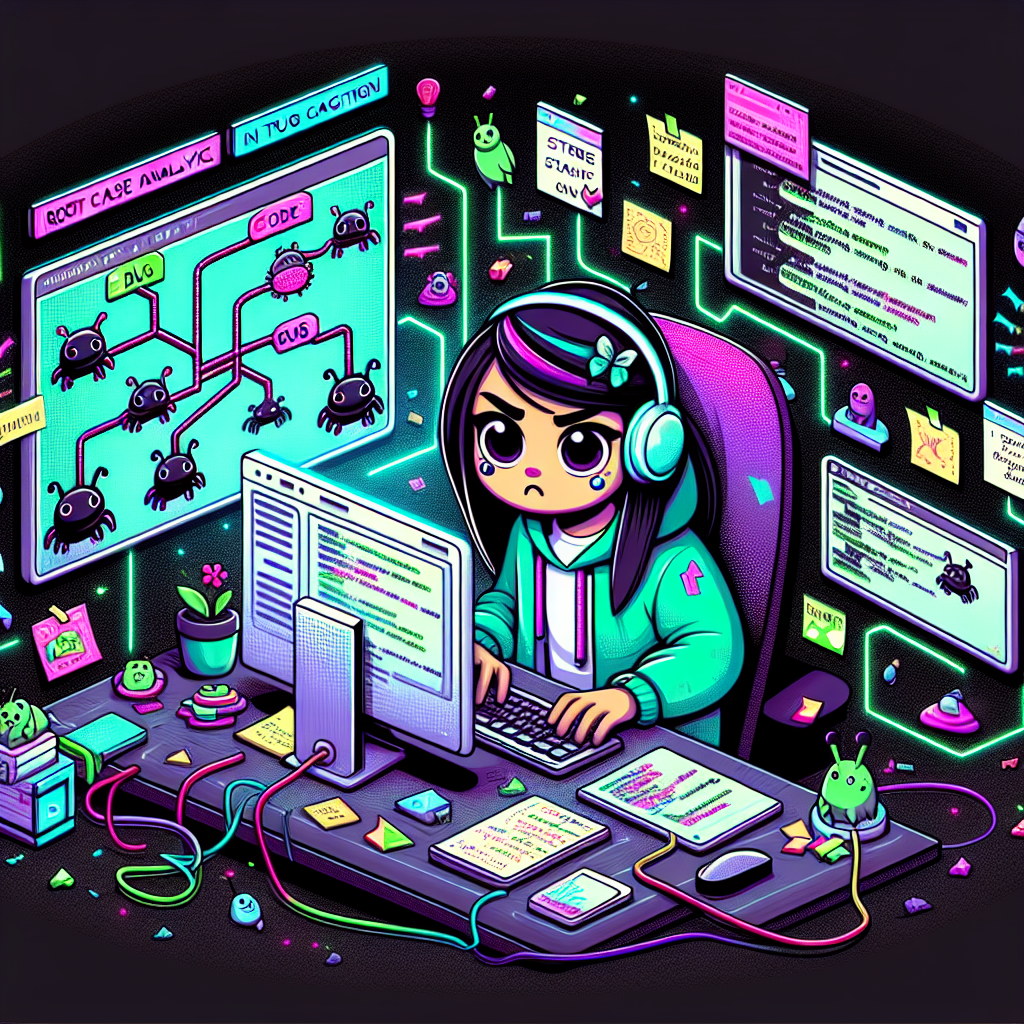 Cartoon programmer debugging code, surrounded by screens, bugs, and sticky notes in a neon theme.