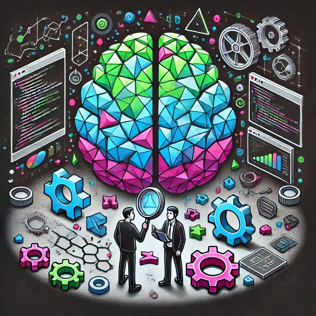 Two developers analyze a glowing brain made of neon shapes, symbolizing critical thinking in coding
