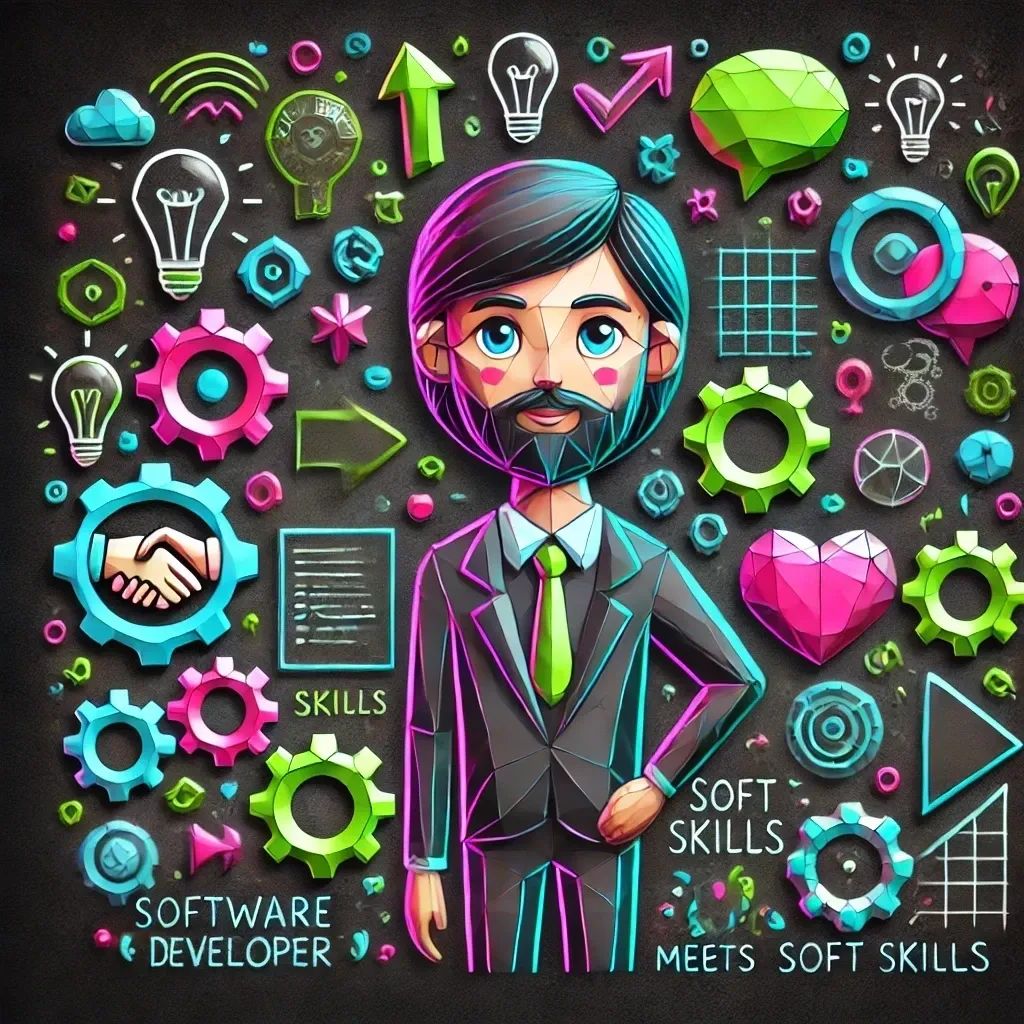 a software developer surrounded by symbolism of soft skills like hearts for empathy and speech bubbles for communication