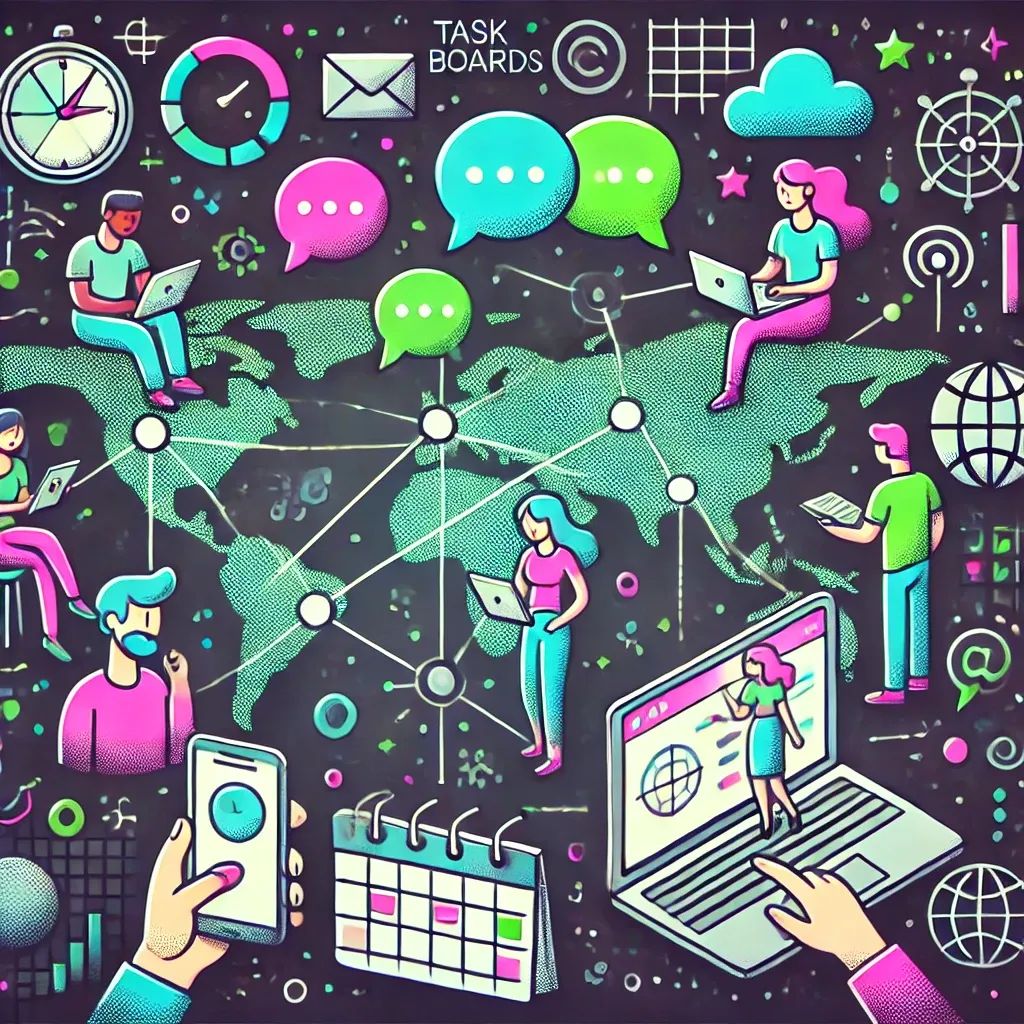 Cartoon devs using devices and task boards, with a world map connecting locations