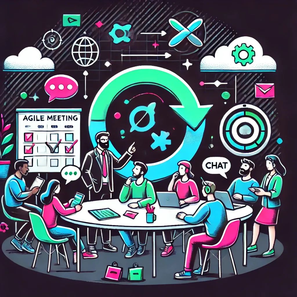 Cartoon developers in a virtual stand-up, sharing ideas with speech bubbles and agile workflow icons.