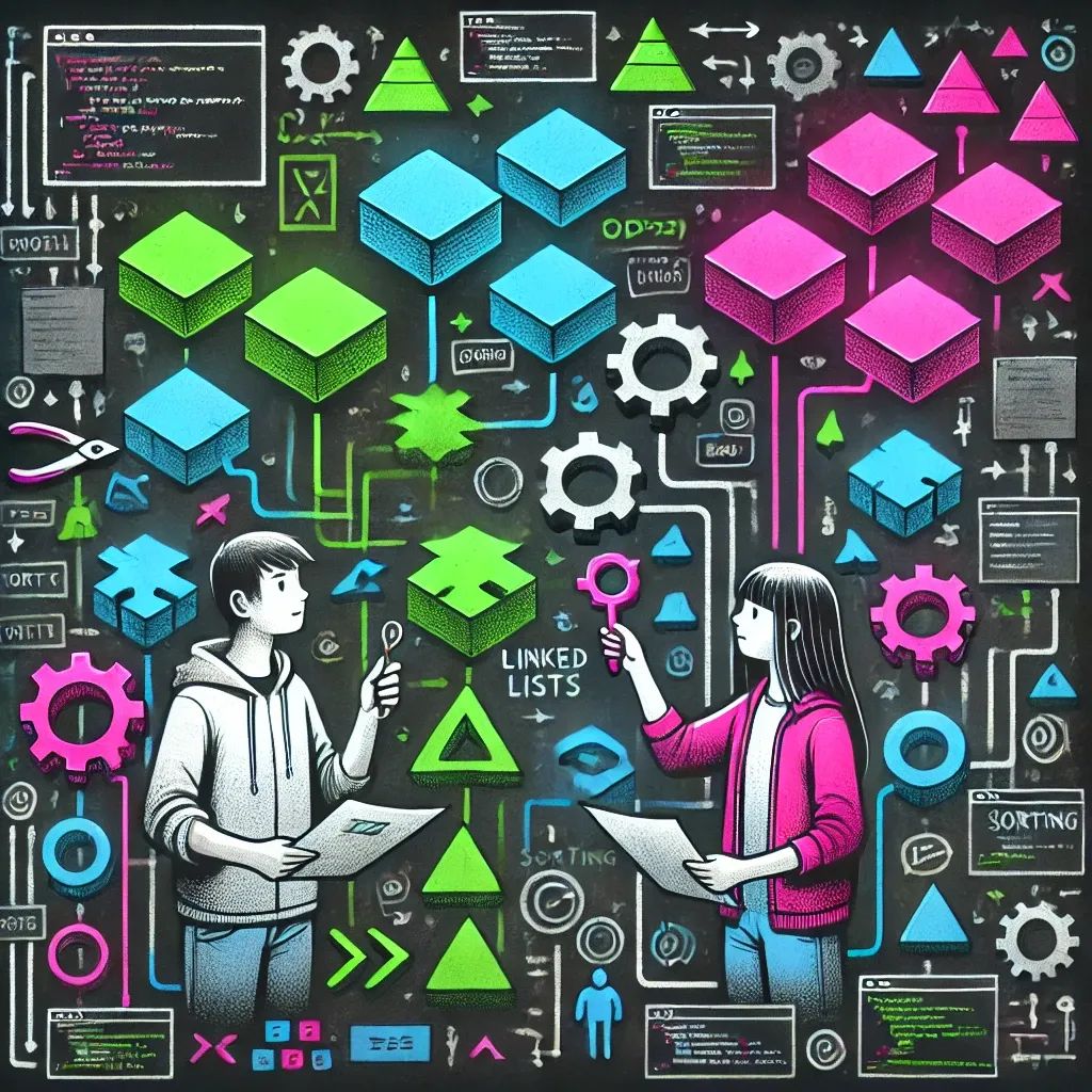 Two developers work through a maze of algorithms and data structures, solving complex problems