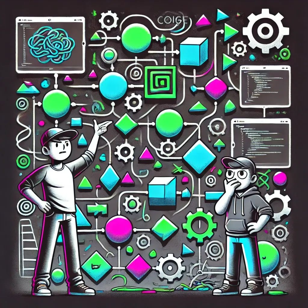 Two developers navigate a complex flowchart with design patterns, one relieved after solving messy code