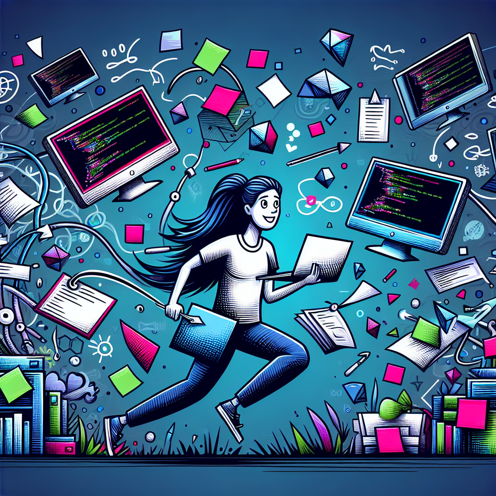 A software developer juggling multiple floating monitors depicting various coding languages amused amidst the chaos.