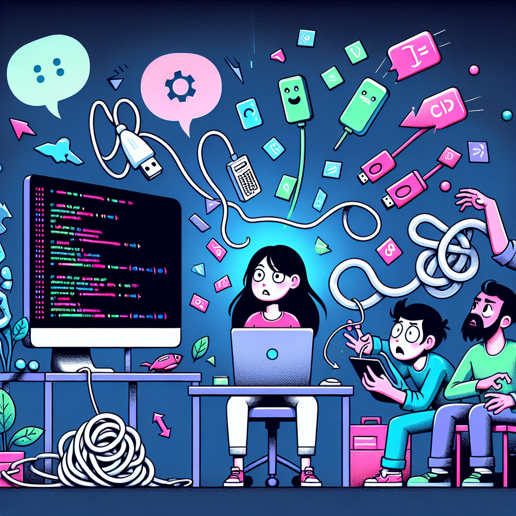 a developer on her laptop shocked by rapid change, tangles cords and USB dongles