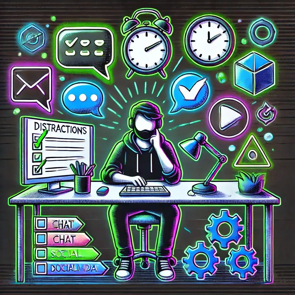 Developer at desk resisting distractions like chat bubbles and clocks, focused on a glowing task checklist