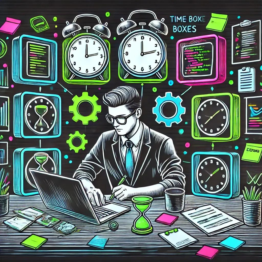 Developer organizing tasks in neon time-boxes with timers, clocks, illustrating time-boxing for productivity