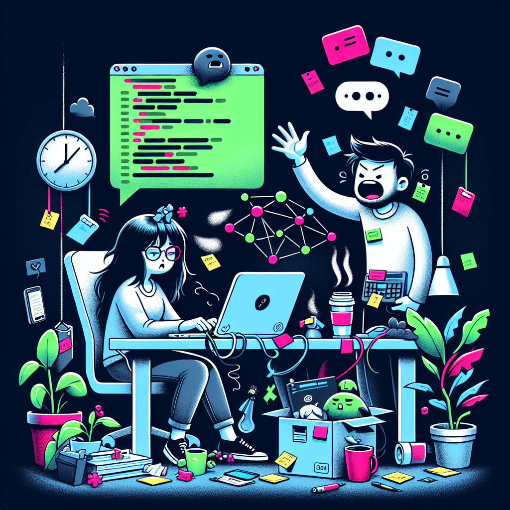 A developer deeply engrossed at her work laptop, and the another developer waving his hand to get her attention