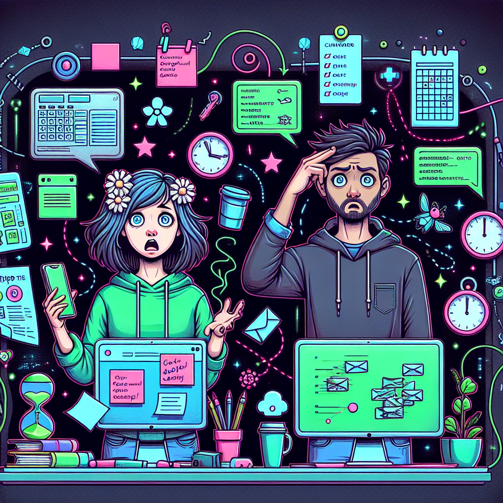 Two freelance developers with confused expressions manage time amid floating task lists, timers, and coffee cups