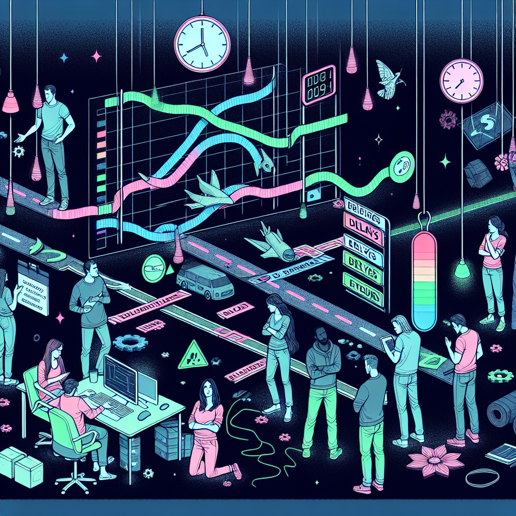 A chaotic dev team in a dark, neon-lit scene struggles with delays on a project timeline, showing frustration and confusion.