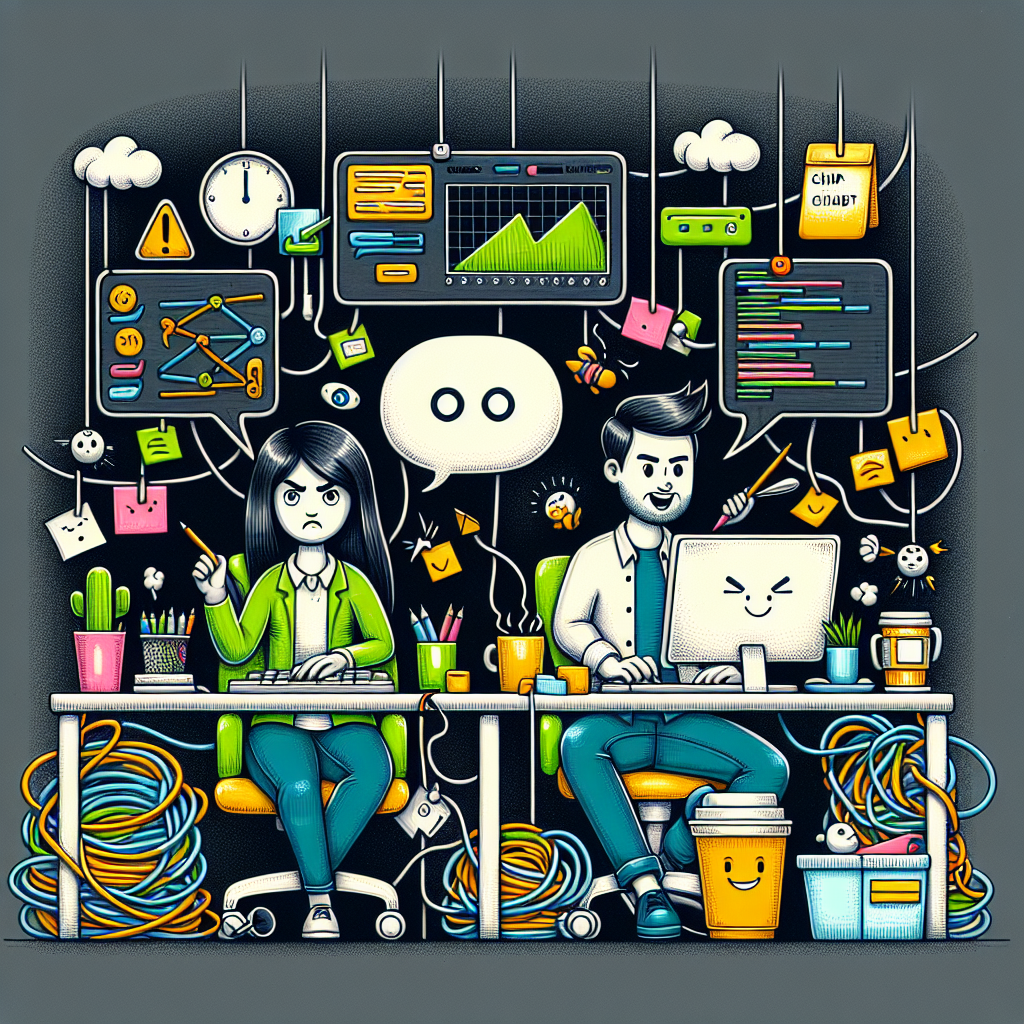 A chaotic office scene with devs managing interruptions—annoyed coder, cheerful teammate blocking notifications.