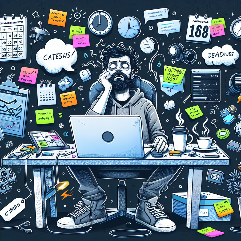 Developer at desk with time-tracking tools, task list, coffee cups, and neon notes, showing exhaustion and accomplishment