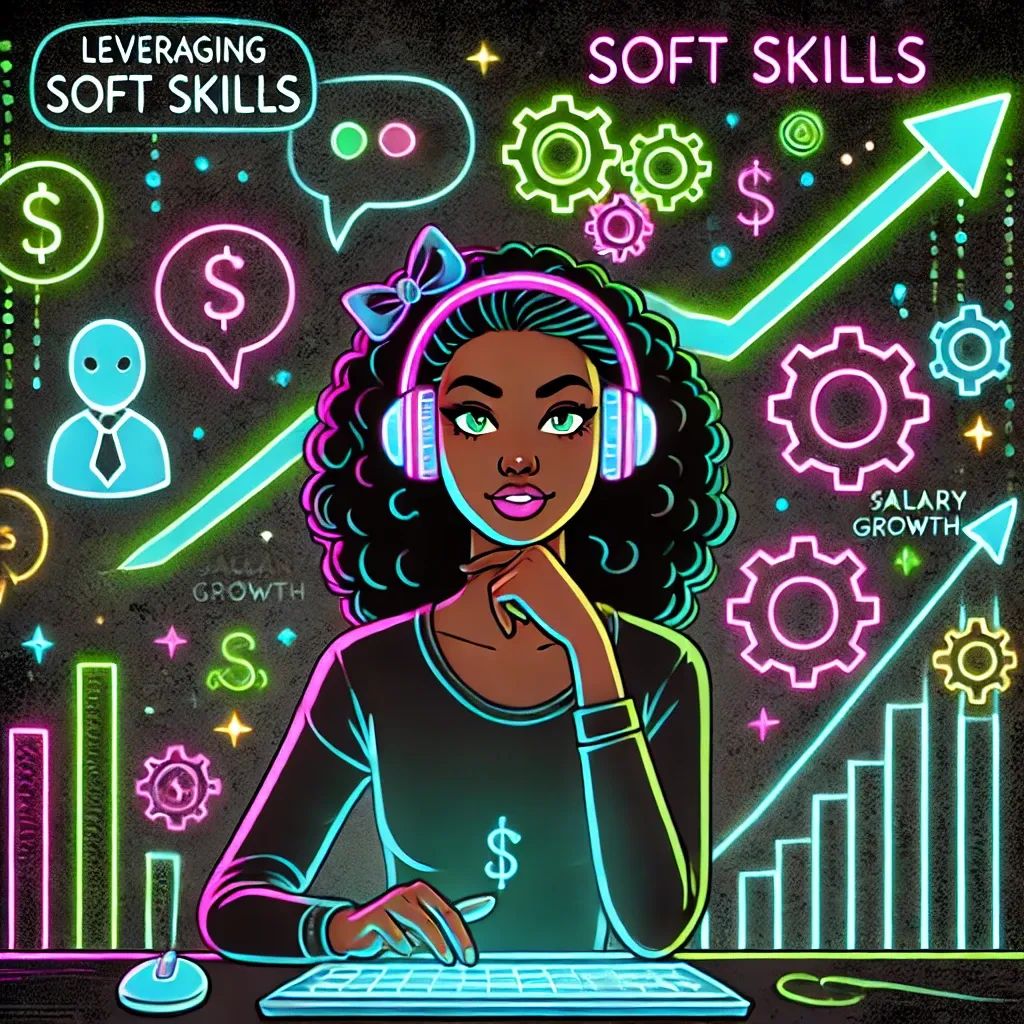 software engineer at desk with glowing icons for soft skills and money, highlighting career growth impact