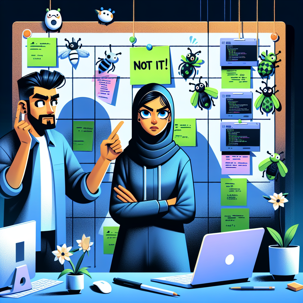 Confident developer points at Kanban board with doodles; teammate looks annoyed, adding humor to the project setup.