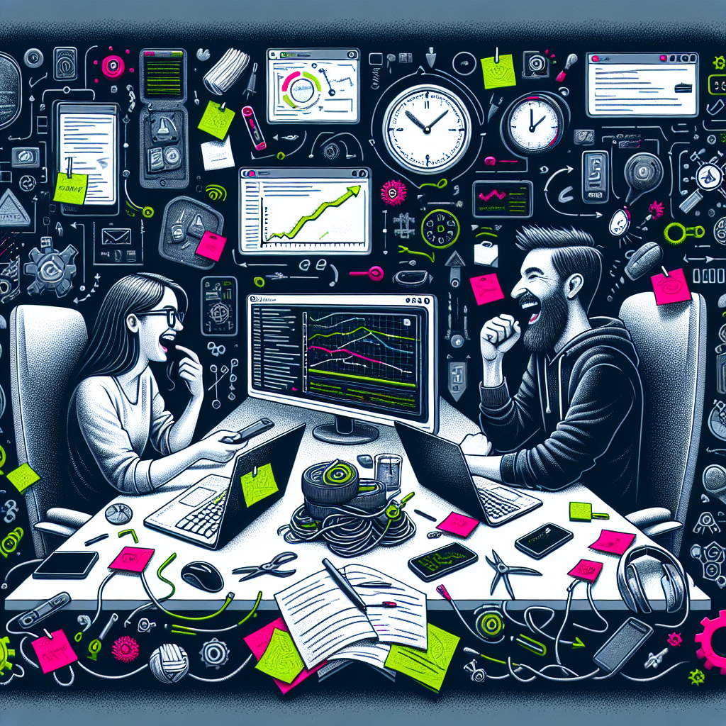 Two developers laugh over comical time estimates in a virtual meeting, surrounded by neon doodles of sticky notes and gears.