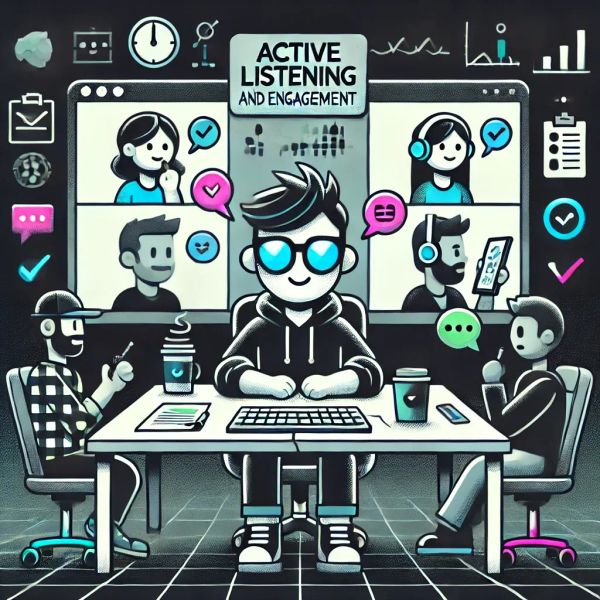 Cartoon developer attentively participating in a virtual meeting, nodding and taking notes