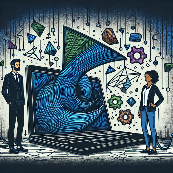 Two professionals facing a laptop with swirling data and geometric shapes emerging