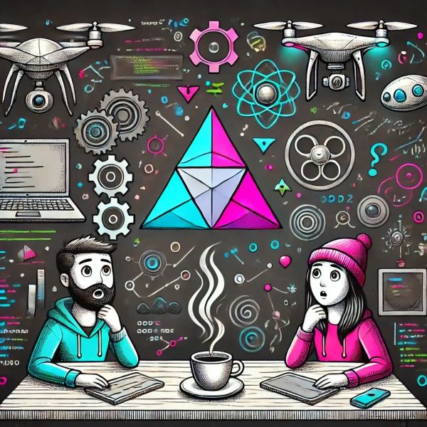 Two developers look surprised at floating tech elements above a table with a steaming coffee cup