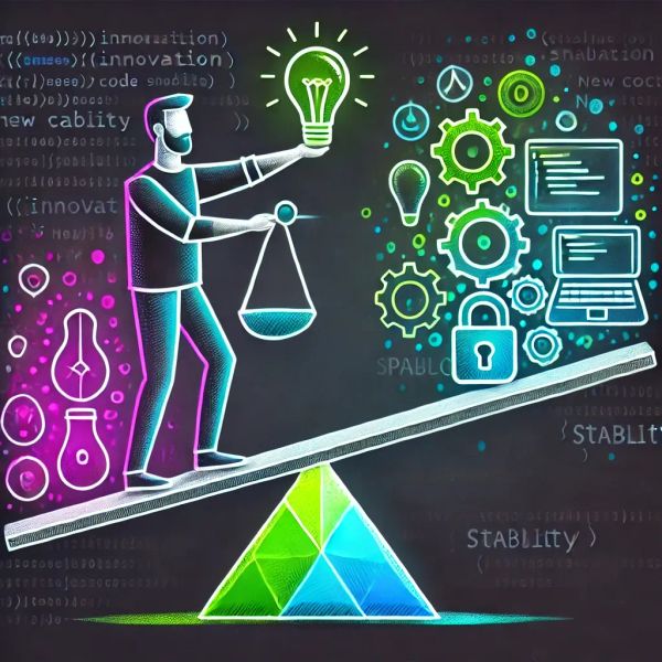 a developer on a seesaw balancing innovation and stability