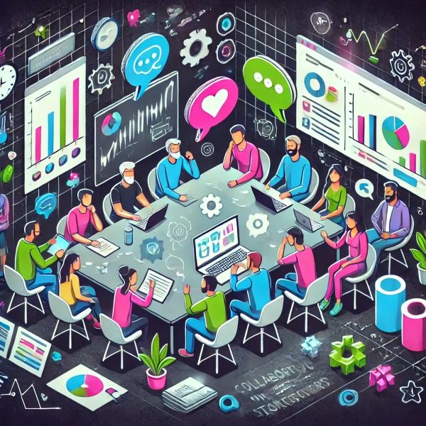 Developers and stakeholders collaborating around a virtual table with charts and laptops