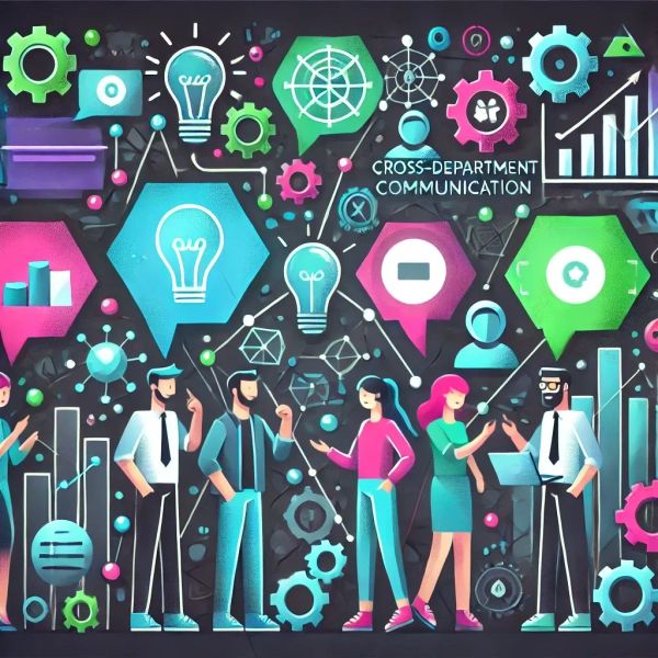 Cartoon of developers from different departments exchanging ideas