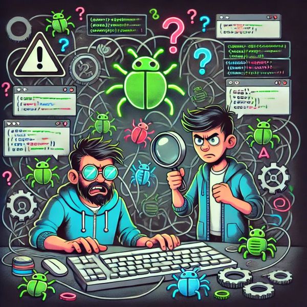Two developers tackle debugging, one examines a bug with a magnifying glass, the other frustrated