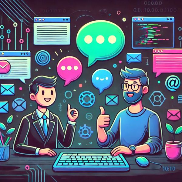 Two cartoon developers communicating: one speaks with a glowing speech bubble, the other gives a thumbs up.